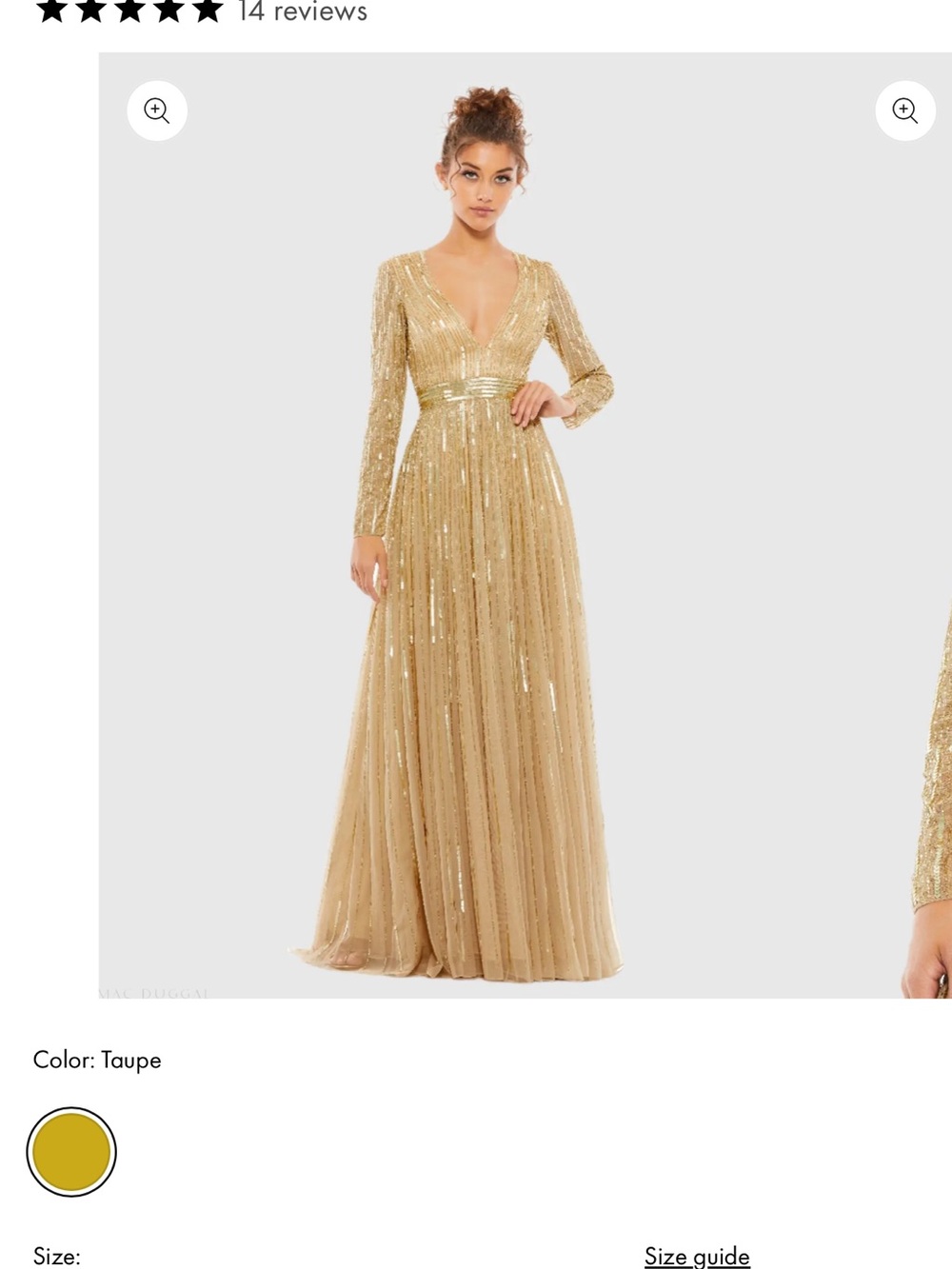 Gold Sequined V Neck Illusion Sleeve A Line Gown size 14
